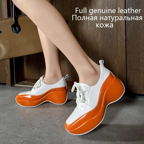 Fashion Womans genuine leather Pumps Women Spring Summer Platform Shoes Ladies Lace up Wedges Oxford Shoes White Black Blue 2021