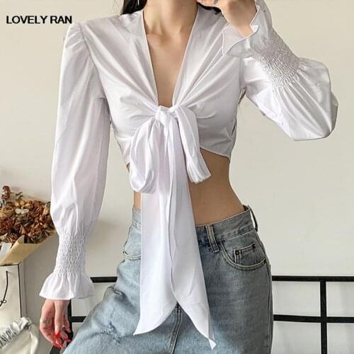 Women Flare Sleeve V-neck Solid White Blouse Crop Top Short Slim Lace Up Puff Simple Basic Lady Shirt Blouses For Autumn Fashion