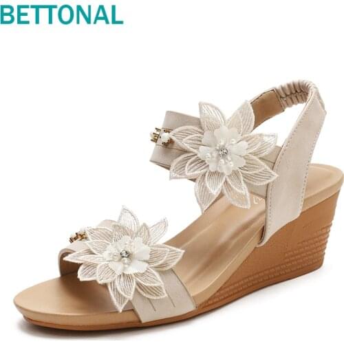 BETTONAL 2021 wedge sandals women shoes for woman casual summer gladiator rome Flower Rhinestone pearl ladies sandles sandalias