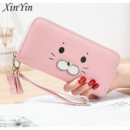 Womens wallets with cats tassel holder soft leather long wallets ladies phone bag coin purse clutch credit card wallet zipper