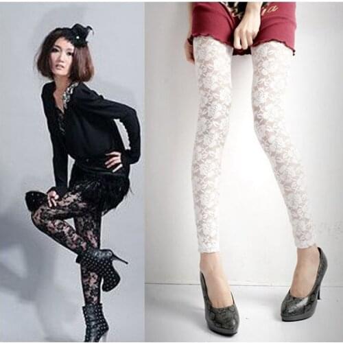 Pure Black White See Through 2017 Fitness Leggings Transparent Sexy Leggings For Women Sexiest Lace Floral Leggings One Size