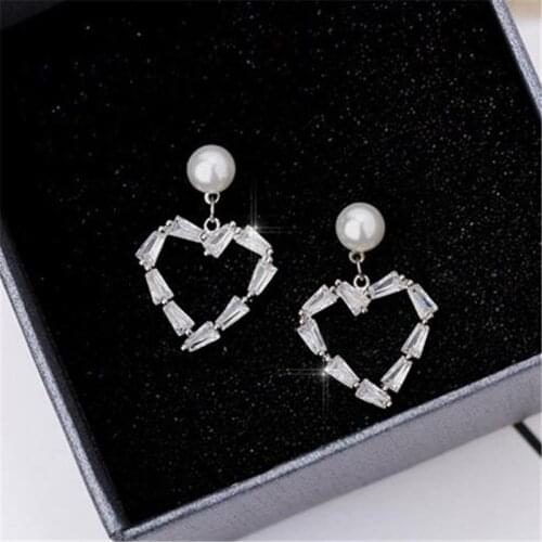 925 Solid Sterling Silver Crystal Heart Drop Earrings For Women School Girl Birthday Gifts Pearl Earring B044