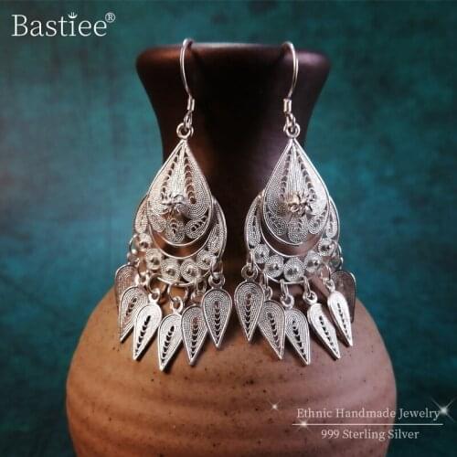 Bastiee Female Drop Earrings 999 Sterling Silver Womens Jewelry Tassel Dangle Earring Fine Miao Handmade Industrial Large Women