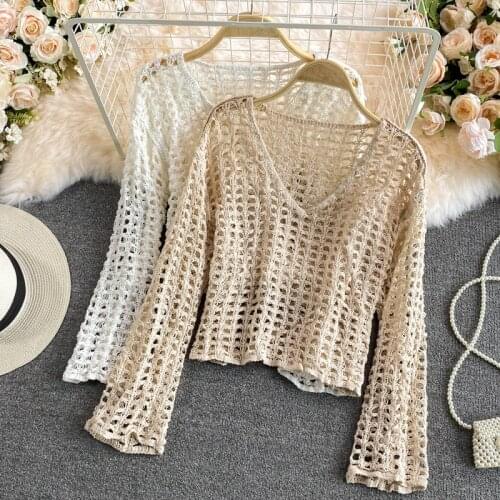 V neck crochet pullovers tops women beadwear crochet t shirts lady hollow out long sleeve tops