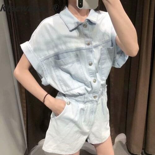 Klacwaya Women Cotton Denim Jumpsuit Fashion Short Sleeves Loose Overalls Vintage Wash Elastic Waist Washed Denim Jumpsuits
