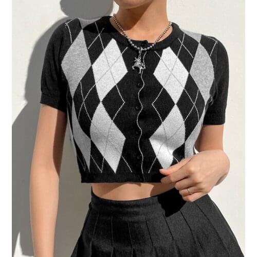 Argyle Plaid Tops Y2K Vintage O-neck Short Sleeve Sweaters Single-breasted Knit Tshirts Preppy Style Women Cardigan Crop Top