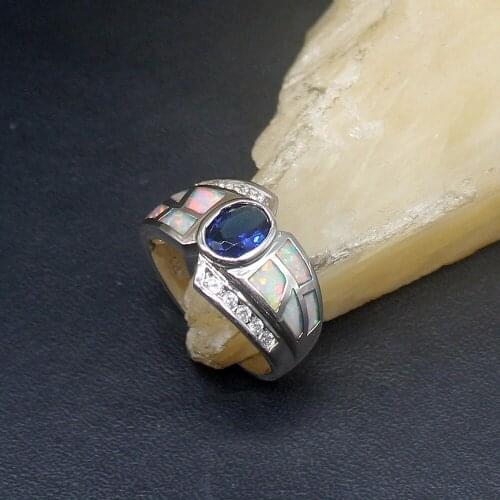 Hermosa White Opal Blue Sapphire Wonderful Genuine 925 Silver Band Ring Wedding Engagement Gifts for Women Size 7# 20214333