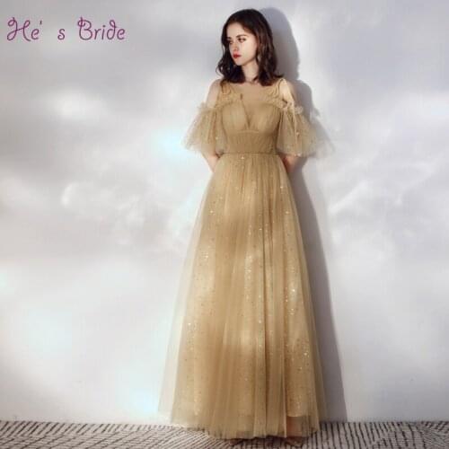 Hes Bride New Champagne Gold Prom Dress Sexy Boat Neck Lace Up Back Floor-length Custom Prom Formal Gown Robe De Soiree
