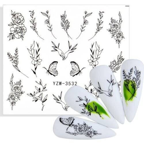 1 Sheet Nail Sticker 2021 Newest Designs Water Transfer Black Flowers Butterfly Leaves Nail Art Sticker Decals DIY Decoration