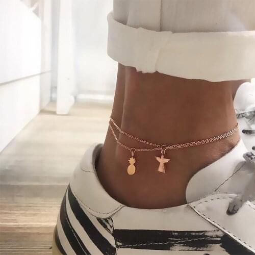 2 Pcs/ Set Fashion Angel Pineapple Chain Pendant Multilayer Gold Anklet Set Lady Casual Beach Costume Jewelry Accessories