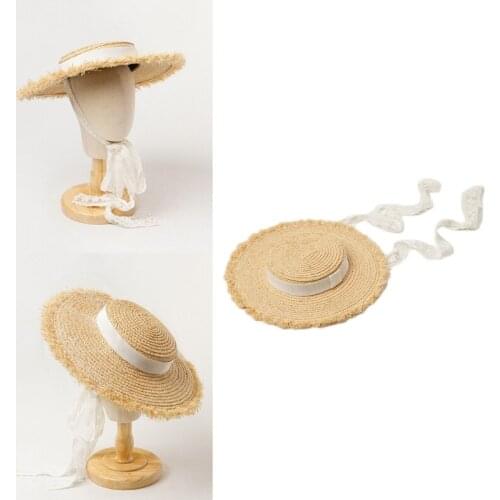 2021 Kids Boys Girls Summer Shallow Flat Top Straw Hat Wide Brim Banded Lace Ribbon Chin Strap Sun Beach Cap