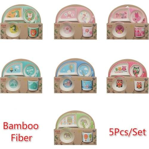 5Pcs Cartoon Bamboo Fiber Tableware Natural Safety Baby Dishes Set Plate Bowl Cup Fork Spoon Creative Dinnerware Boys Girls Gift