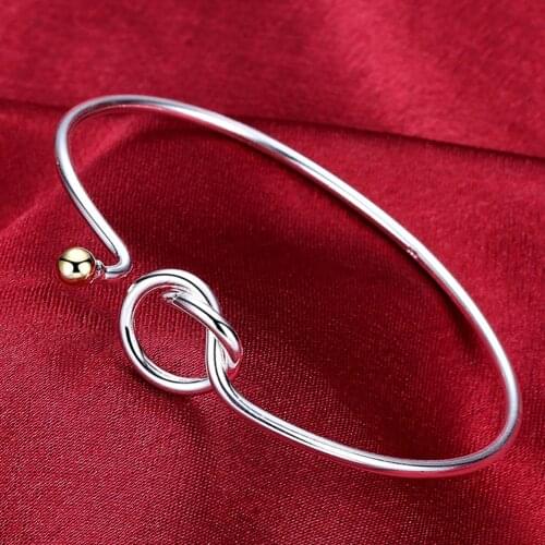 Brand New 100% 925 Sterling Silver Knot Heart Adjustable Bracelet Bangle Gold Beads Jewelry Woman Valentines Day Gift