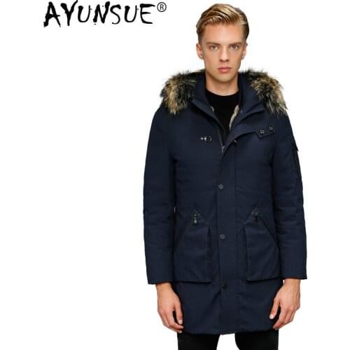 AYUNSUE Mens Winter Down Jacket Parka Real Rabbit Fur Liner White Goose Down Jacket Raccoon Fur Collar Warm Coat Parkas KJ3102