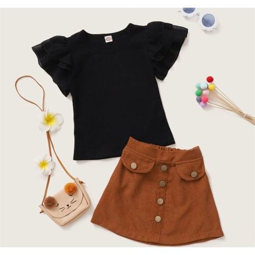 FOCUSNORM Fashion Summer Infant Girls Clothes Sets Lace Ruffles Sleeve T Shirts Tops Solid Button A-Line Skirts 3-8Y