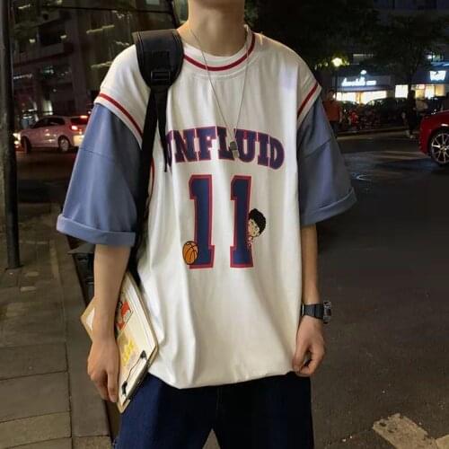 Hip Hop Short-sleeved T-shirt Men Women Summer New Retro Fake Two-piece Jacket Stitching Printing Sports Style Jersey T-shirt