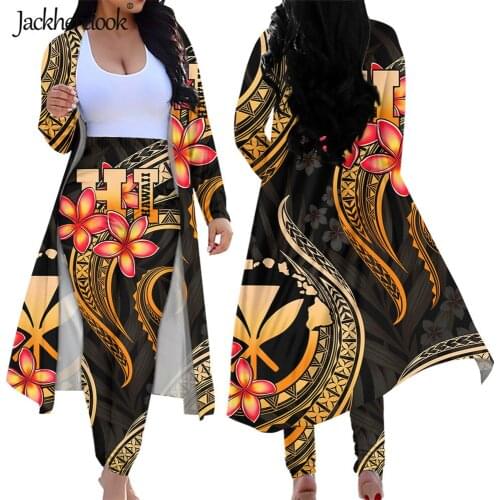 Jackherelook Vintage Polynesian Samoa Hibiscus Plumeria Print Women Long Sleeve Open Front Cardigans Skinny Pants Suits Outfits