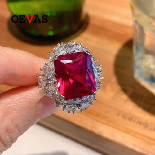 OEVAS 100% 925 Sterling Silver Ruby High Carbon Diamond Engagement Rings For Women Sparkling Wedding Party Fine Jewelry Gift