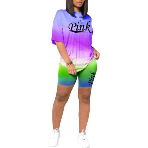 2 Pc Short Set Gradient Letter Pink Print 2 Piece Short Sets Tracksuit Womens Outfits O Collar Short Sleeve T-shirt Shorts Set