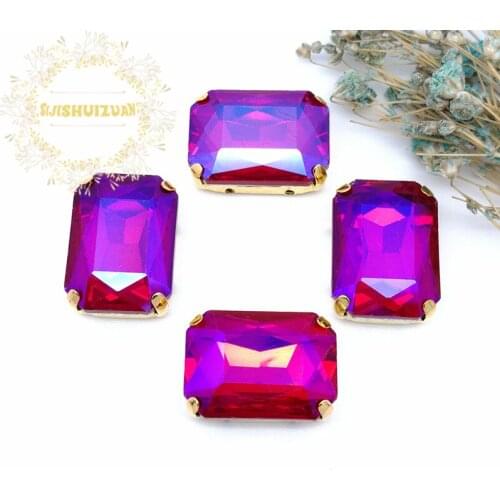Red AB color Rectangular Crystal Glass Sewing Rhinestones with gold Claw Rhinestones for Diy wedding Dress and Bags