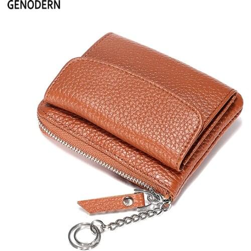 GENODERN Japan Style Mini Wallet for Women with Keychain Small Coin Walle Cowhide Zipper Coin Bag Womens Small Wallet Card Bag