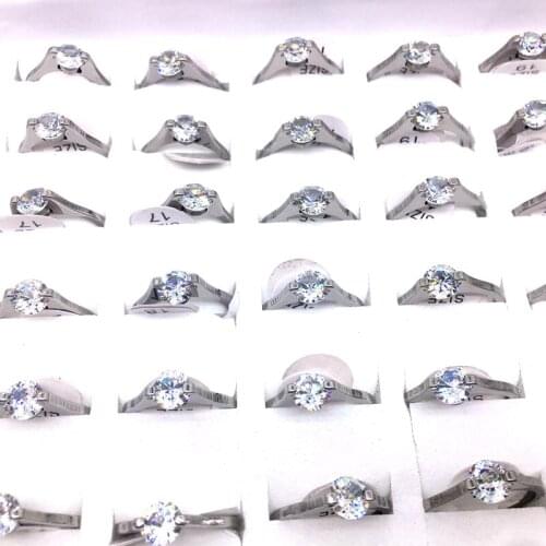 MixMax 36PCs Womens Rings Silver Color Round Zircon Stone Stainless Steel Ring Wedding Band Party Jewelry Wholesale