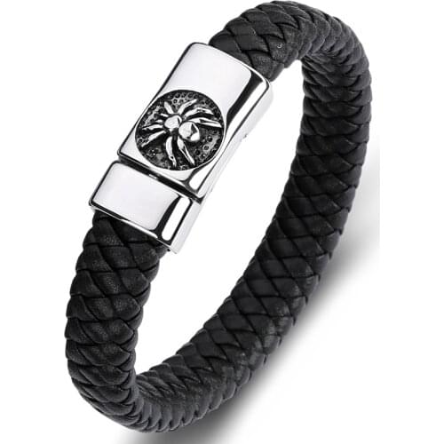 Multicolor Trendy Braided Leather Bracelet Men Punk Rock Jewelry Stainless Steel Spider Handwoven Bangles Male Wristband P084