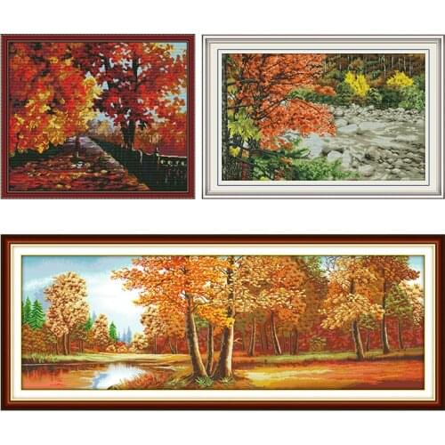 Joy Sunday Red Leaves Stamped Cross Stitch Kit Embroidery Needlework Set Counted Crafts Home Decor Gift 11CT 14CT Printed Thread