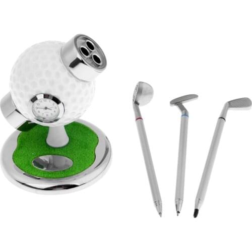 Golf Gift Mini Desktop Golf Ball Pen Stand Holder with Clock + 3 Pens Set