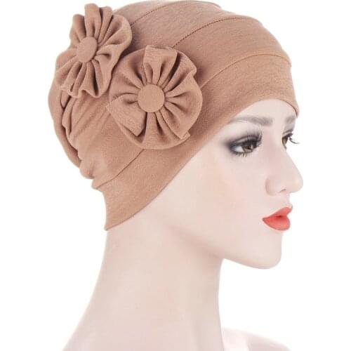 Beanies Bonnets 2021 New Side Floral Fashion Cotten Slub Linen Fabric Pink hat Ladies Sleeping Caps Turbans Skullies Women Hats