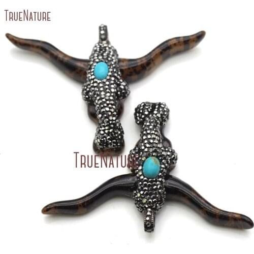Wholesale Resin Necklace Buffalo Pendant Oval Turquoises Beads Gun Black Ox Head Pendant Rhinestone Pave Charm In 50*62mm PM8923