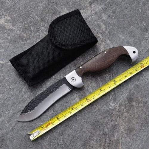 Folding Blade knife 440C Stainless Steel Survival Camping Hunting Knife Wood Handle Rescue Tactical Pocket Knife & Nylon Sheath