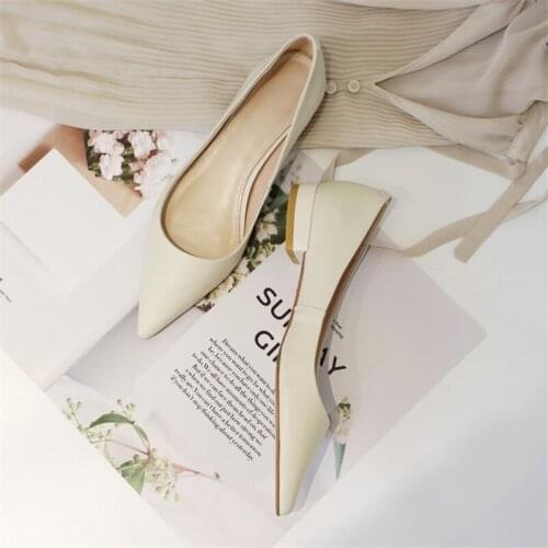 Womens Shoes Genuine Leather Cowhide Pointed Toe Square Heels Shallow Mouth Flats Korean Version Fashion Slingback Spring