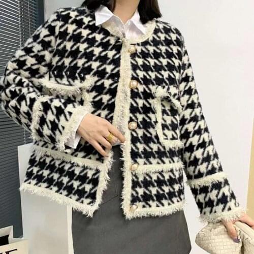 Runway Design 2020 Autumn Winter Women Mink Velvet Jacket Female Korean Loose Houndstooth Embroidery Tassles Knit Coat Clothes