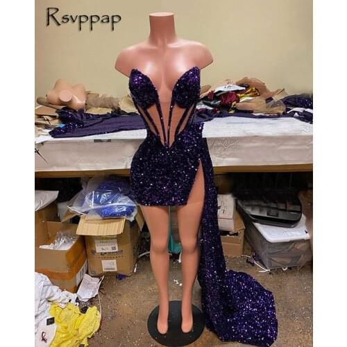 African Black Girl Short Prom Dresses 2021 Sparkly Purple Sequin Sheer See Trough Waist V-neck Sleeveless Mini Prom Dress