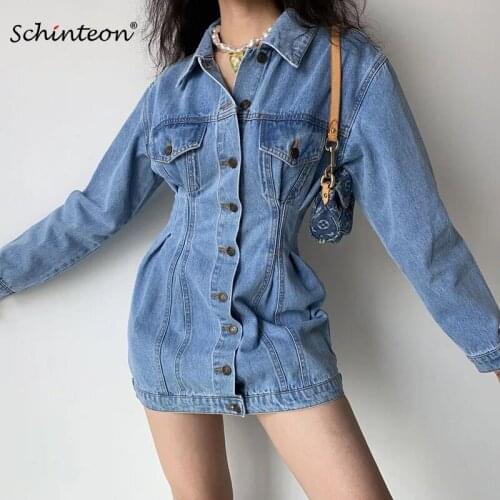 Schinteon Women Denim Mini Dress A-Line Vintage Turn-Down Collar Single Breasted Slim Sexy Fashion Short Dresses