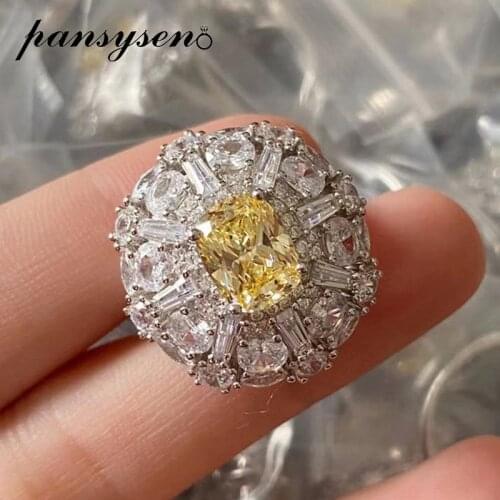 PANSYSEN Bohemia 925 Sterling Silver Rings for Women Flower Citrine Diamond Gemstone Wedding Engagement Ring Fine Jewelry Gifts