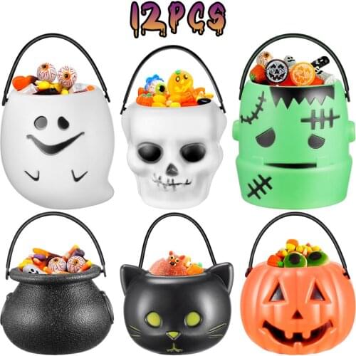 Cabilock 12PCS Pumpkin Bucket Trick or Treat Pots Candy Holder Pail with Handle Ghost Bucket Party Supplies