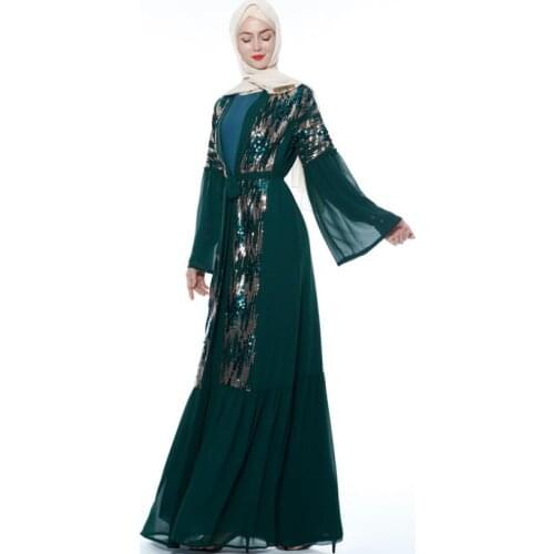 Muslim abayas Wholesale Dubai fashion muslim sequined beading abaya female full length opening cardigan islamic robes F1069