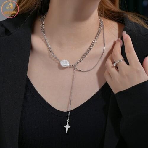 Akizoom Fashion Stainless Steel Pearl Four-pointed Star Necklace Pendant Double Layers for Women Romantic Jewelry Birthday Gift
