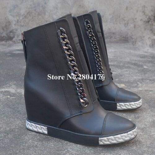 Brand Design Women Round Toe Metal Chains Decorated Wedge Short Boots Black Leather Inside Heels Wedges Height Increased Boots