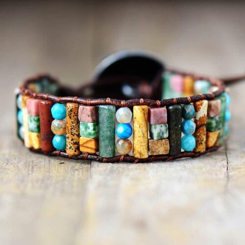 Tube Shape Natural Stones Single Leather Wrap Bracelet Semi Precious Stone Beaded Cuff Bracelet Women Boho Bracelet Dropshpip
