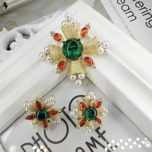 Qingdao European and American carved cross Ruby green retro flower female Brooch 925 Silver Pin Earring Set