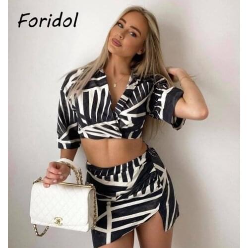 Foridol Tie-dyed Geometrical Print White Black Skirt Sets Suits Women Summer New Two Pieces Set Ruched Crop Top Skirt Sets Beach