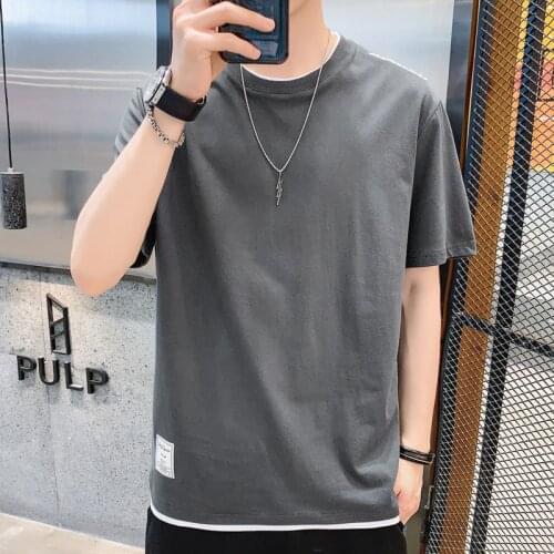 2021 New Harajuku Summer Solid t Shirt Unisex Patchwork All-Match Fake Two Pieces Funny Streetwear Hip Hop Simple Cotton Man Top
