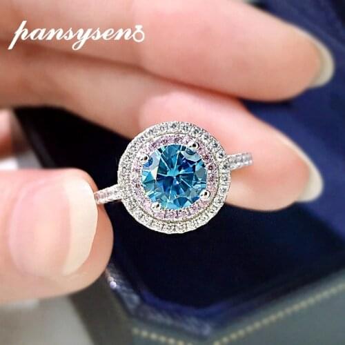 PANSYSEN 100% 925 Sterling Silver Round Aquamarine Simulated Moissanite Gemstone Rings for Women Cocktail Party Ring Wholesale