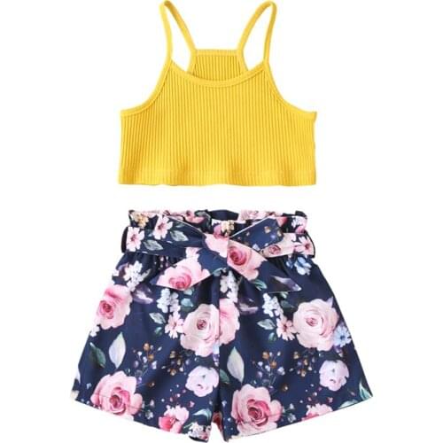 Hot Summer Girl’s Two Piece Set Fresh Solid Color Suspender Cropped Tops and Flower Shorts with Waistband Kids Clothing Suit