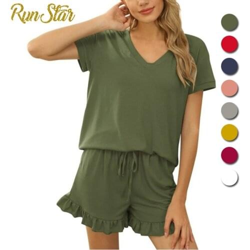 Summer Short Sleeve Suit Women Sets Casual 2-Piece Set Short Sleeve V-Neck Top+Shorts Home Set Home Loose Female Clothing