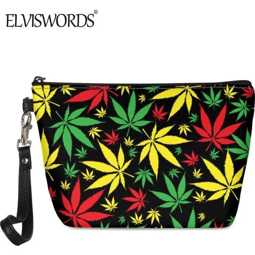 ELVISWORDS Fashion Jamaica Hemp Leaf Print Women PU Leather Cosmetic Bag Reggae Music Style Pouch Case Lady Casual Makeup Bags