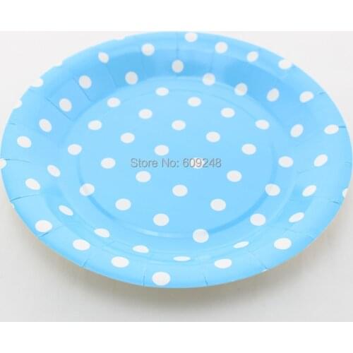 24pcs 9" Cheap Birthday Wedding Holiday White Polka Dot Blue Picnic Paper Plates,Round Party Dessert Catering Paper Dishes